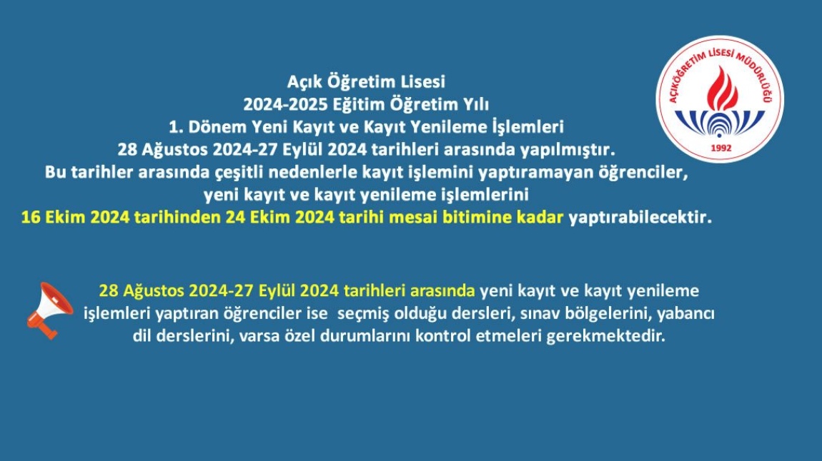 AÇIK ÖĞRETİM OKULLARI YENİ KAYIT VE KAYIT YENİLEME İŞLEMLERİ TEKRAR BAŞLADI!